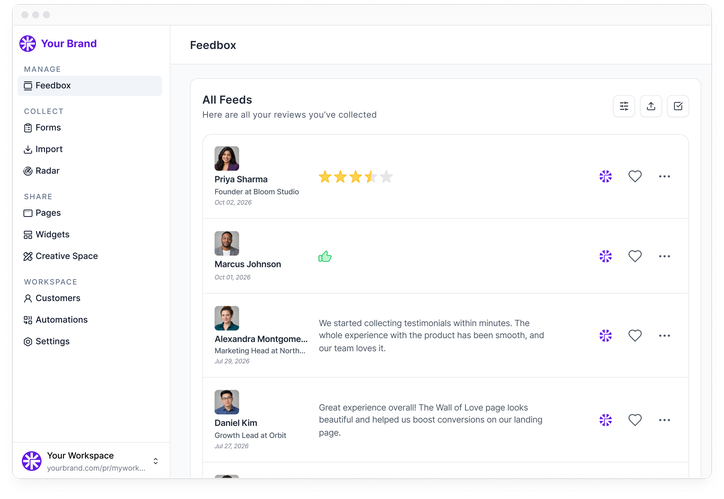 Review dashboard branded with an agency logo instead of Feedspace