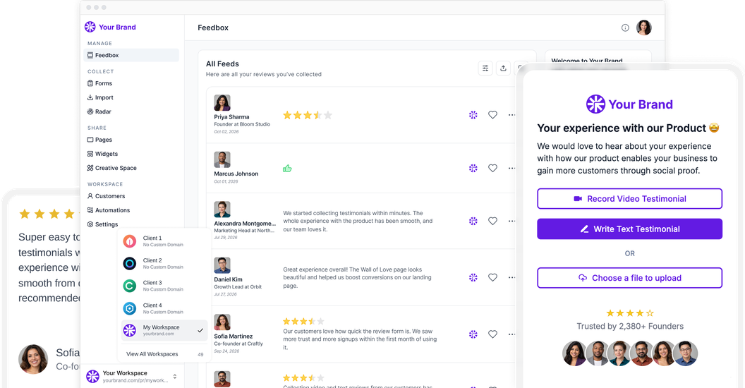 White-labeled review dashboard with client workspaces and an agency-branded review form